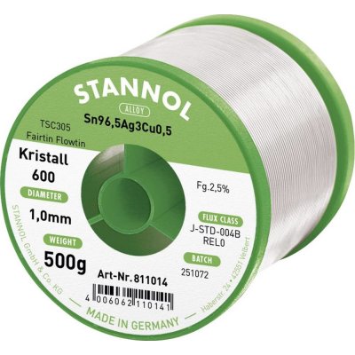 Stannol Kristall 600 Fairtin spájkovací cín bez olova bez olova Sn96,5Ag3Cu0,5 REL0 500 g 1 mm