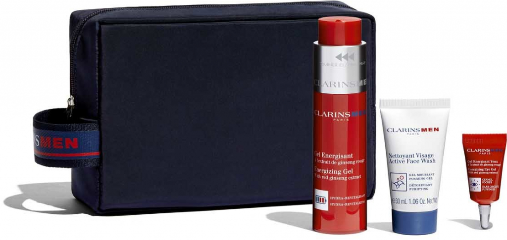 Clarins Men Energizing Essentials pleťový gél 50 ml + čistiaci pleťový gél Active Face Wash 30 ml + očný gél Energizing Eye Gel 3 ml + kozmetická taštička darčeková sada