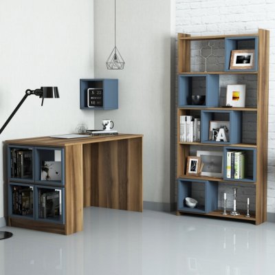 Kalune Design Písací stôl s knižnicou a policou Boxe orech / modrá