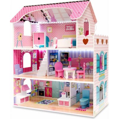 FunPlay FP-6484 Drevený domček pre bábiky s LED svetlom 70 cm ružový