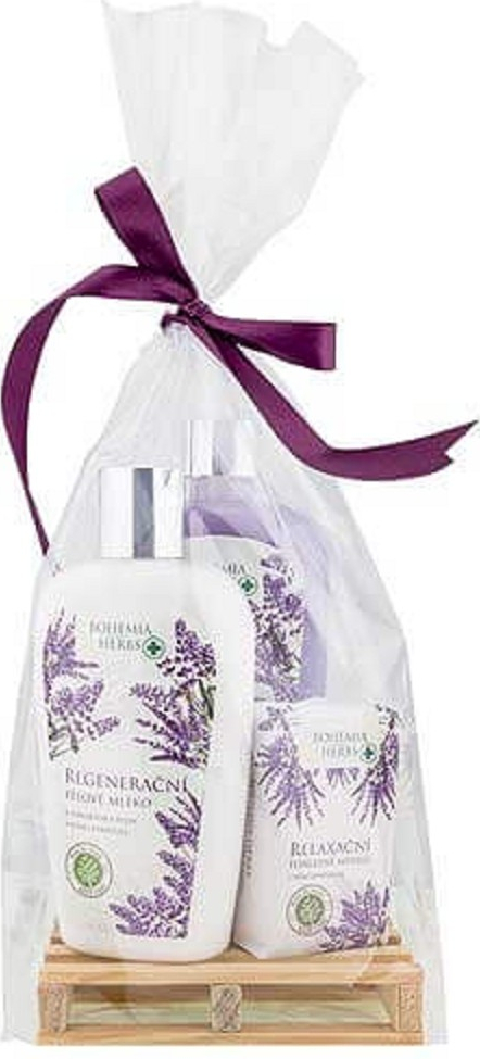 Bohemia Gifts & Cosmetics Botanica Levanduľa tekuté mydlo 300 ml + telové mlieko 250 ml + tuhé mydlo 100 g drevená paleta darčeková sada