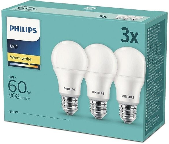 Philips LED 9 60W, E27 2700 K, 3 ks