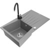 Mexen Cesar, granitový drez 775x470x190 mm, 1-komorový, šedá s chrómovým sifónom a čierna drezová batéria Telma, 6514-71-670200-70