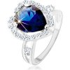 Šperky eshop - Prsteň, striebro 925, rozdvojené ramená, modrý zirkón - slza, trblietavý lem HH2.13 - Veľkosť: 54 mm