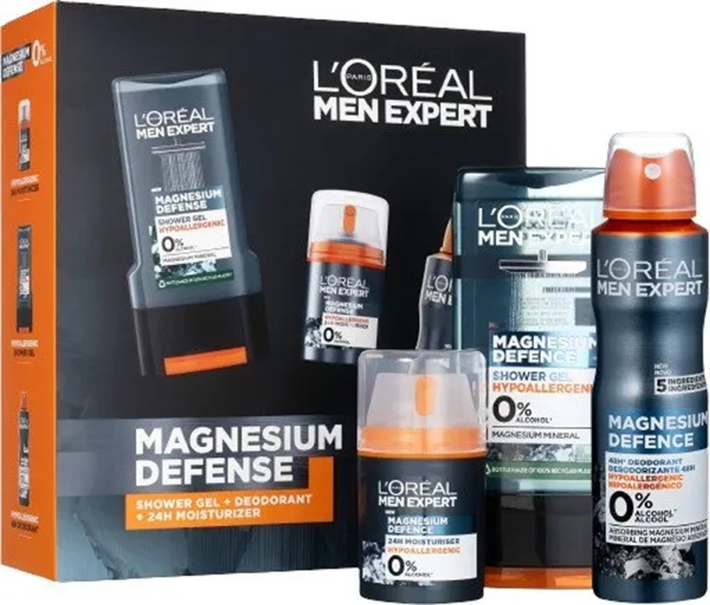 Loreal Paris Men Expert Magnesium Defence sprchový gél 300 ml + dezodorant v spreji 150 ml + hydratačný krém pre citlivú pokožku 50 ml, pre mužov