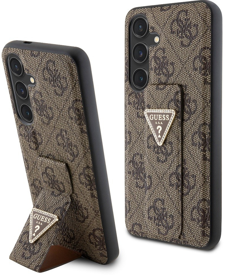 Guess PU Grip Stand 4G Strass Triangle Metal Logo Samsung Galaxy S24 hnedé