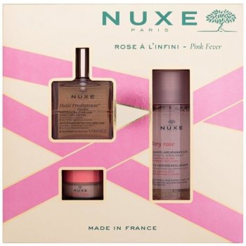 NUXE Pink Fever darčekový set suchý olej Huile Prodigieuse Florale 50 ml + micelárna voda Very Rose 3-In-1 Soothing Micellar Water 100 ml + balzam na pery Very Rose 15 g