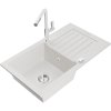 Mexen Pablo, 1-komorový granitový drez 752x436x161 mm a drezová batéria Flora, biela, 6510-20-670401-02