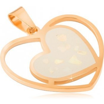 Šperky eshop Oceľový prívesok zlatej farby, biele perleťové srdce v obryse srdca S54.06