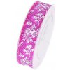 Dekoračná organzová stuha 25mm - cyklamenová s bodkami a ružami
