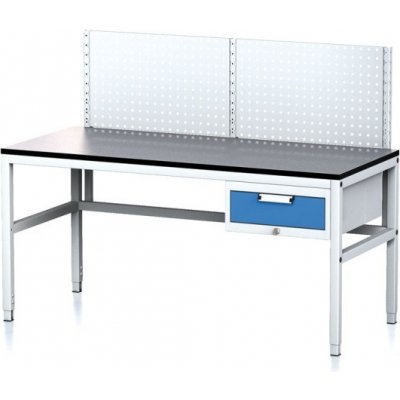 Alfa 3 Nastaviteľný dielenský stôl MECHANIC II, s perfopanelom, 1 zásuvkový box na náradie, 1600x700x745-985 mm, sivá/modrá