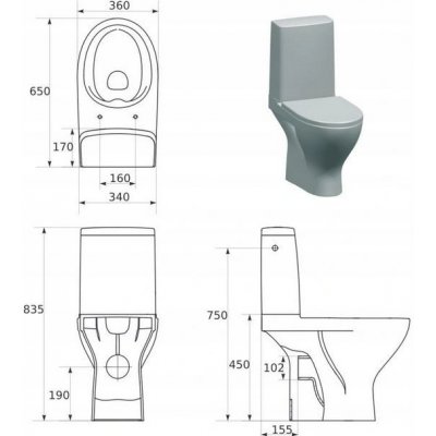 Cersanit MODUO - WC Kombi zadný odpad 3/5 CLEAN ON+WC sedátko SC duroplast SLIM, Biela, K116-029