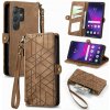 Peňaženkové kožené puzdro Geometric Zipper na Samsung Galaxy S24 Ultra 5G - Hnedá