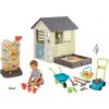 Set domček s pieskoviskom a hracia stena s vodnou hrou Square Playhouse Life Smoby rozšíriteľný a fúrik s kosačkou a záhradným náradím
