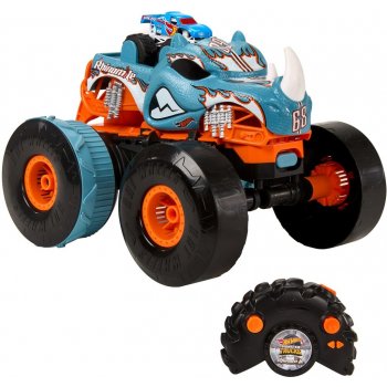 Hot Wheels Monster Trucks na diaľkové ovládanie konvertibilný Rhinomite 1:12 s hračkárskym kamiónom Race Ace 1:64