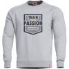 Pentagon HAWK SWEATER, mikina s potlačou TRAIN your PASSION - ŠEDÁ MELÍROVANÁ (Pohodlná šedá mikina HAWK SWEATER s viacfarebnou potlačou na chladnejšie dni od Pentagonu)