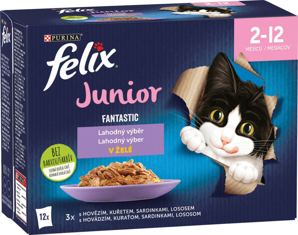 FELIX FANTASTIC Junior Mix príchutí v želé hovädzie kuracie sardinka losos 12 x 85 g