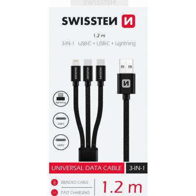 Swissten 72501103 3v1 2x USB-C (M) - Lightning (M) - USB-A (M), 60W, 3A, 1,2m, čern