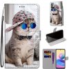 Peňaženkové kožené puzdro DRAWING na Xiaomi Redmi Note 10 5G - Slant Hat Blue Mirror Cat