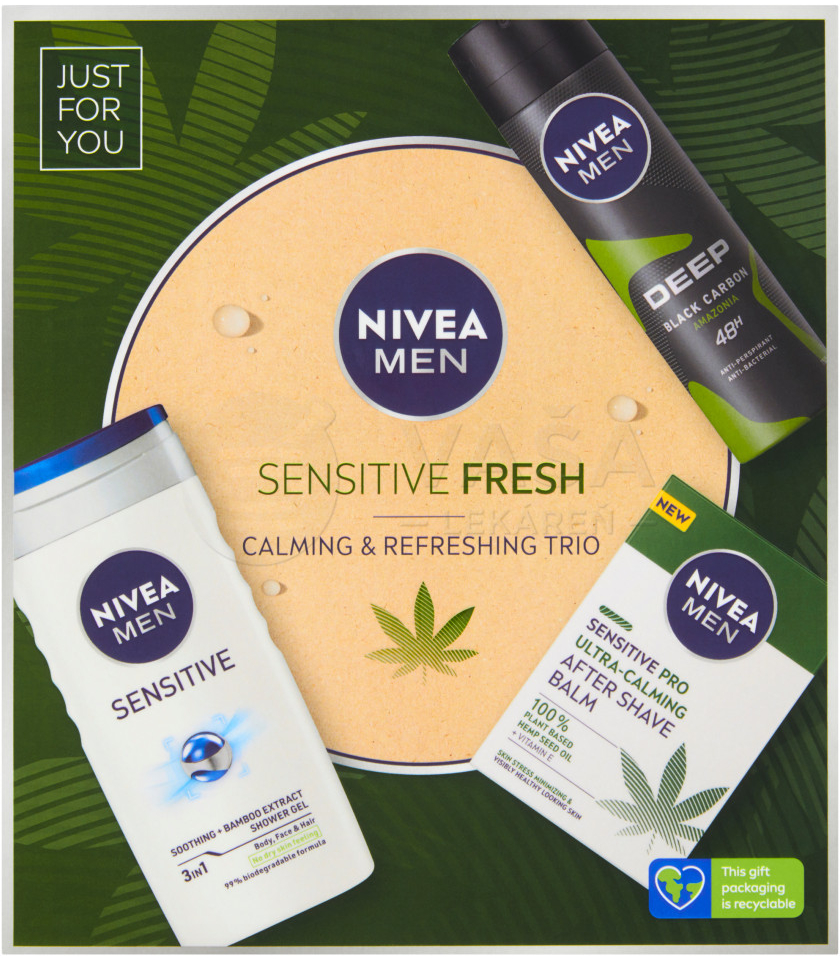 Nivea Men Sensitive Fresh Calming & Refreshing balzám po holení Men Sensitive Pro Ultra-Calming 100 ml + sprchový gel Men Sensitive 250 ml + antiperspirant Men Deep Amazonia 150 ml