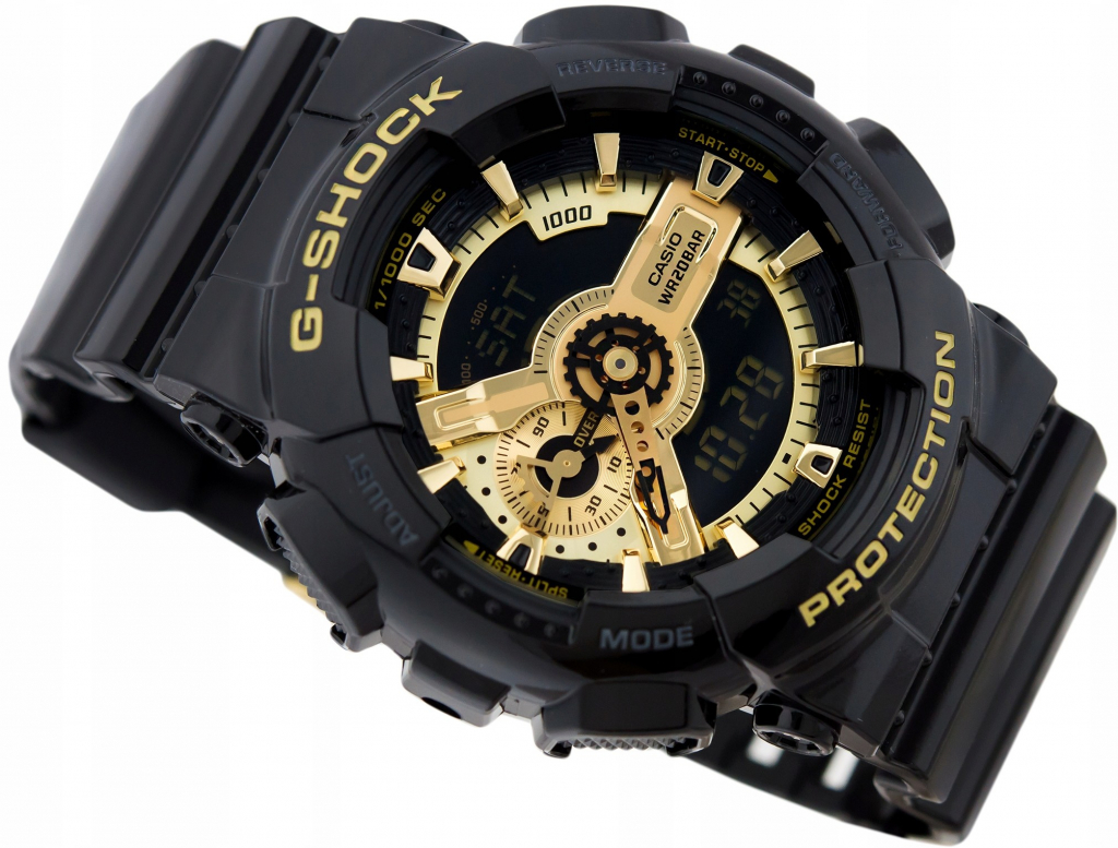 Robustné Casio GA-110GB-1A športové hodinky s digitálnym a analógovým zobrazením, ideálne pre aktívny životný štýl.