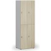 Drevená šatníková skrinka S4 s úložnými boxmi, 4 boxy, demont, otočný zámok, sivá/dub prírodný