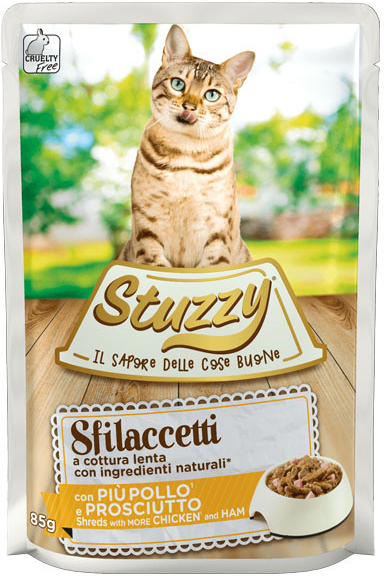 Stuzzy Cat Shreds Trhané kuracie mäso so šunkou 85 g