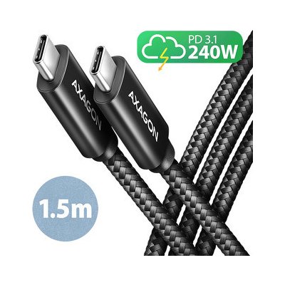 AXAGON BUCM2-CM15AB, CHARGE kabel USB-C USB-C, 1.5m, Hi-Speed USB, PD 240W 5A, ALU, oplet, černý