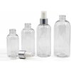 Plastová fľaša priehľadná okrúhla, biely rozprašovač, strieborná matná obruč, 150 ml
