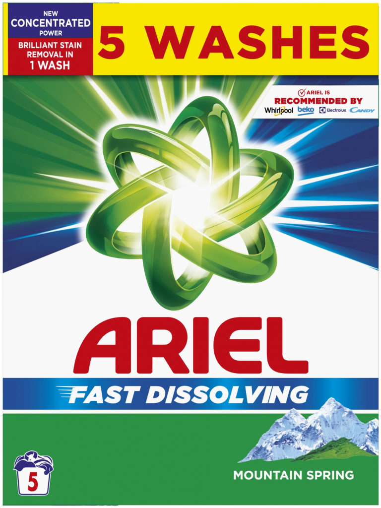 Ariel prášok Mountain Spring pre čistú a voňavú bielizeň bez škvŕn 5 PD 275 g