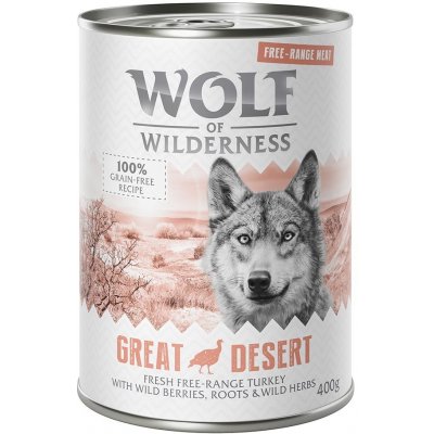 Wolf of Wilderness mokré a suché krmivo s mäsom z voľného chovu - Great Desert - morčacie (mokré krmivo, 6 x 400 g)