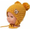 BABY NELLYS Zimná pletená čiapka Teddy Bear na zaväzovanie, horčicová, 56-68 (0-6 m)