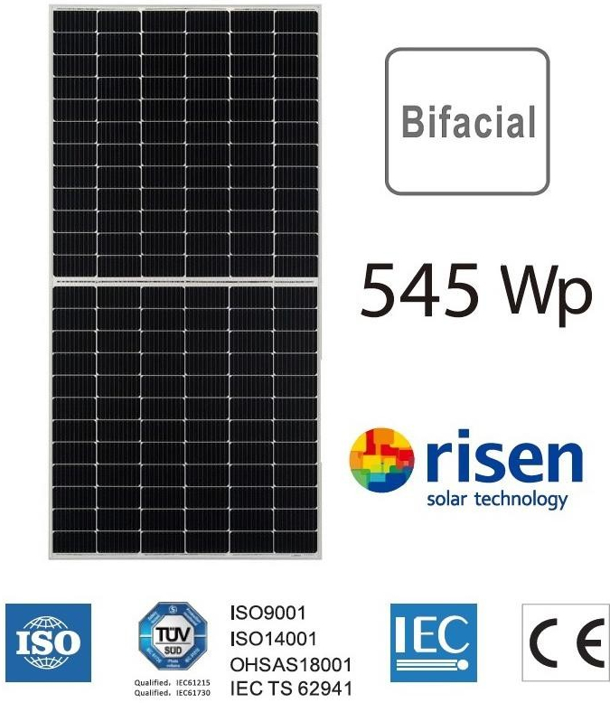 Risen 545W RSM110-8-545 Bifacial strieborný rámový PV panelový modul 2384x1096x30mm