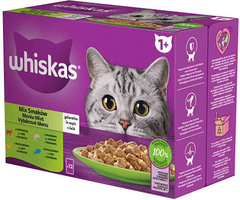 WHISKAS mixovaný výber hovädzina kura losos tuniak v želé 12 x 85 g