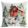Markizeta Vianočná zamatová obliečka Zimná chalúpka so sobmi – červený domček v zasneženej krajine 40x40 cm