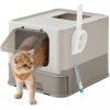 Toaleta pre mačky s vekom a výsuvným podnosom, krytá podstielka, sivá
