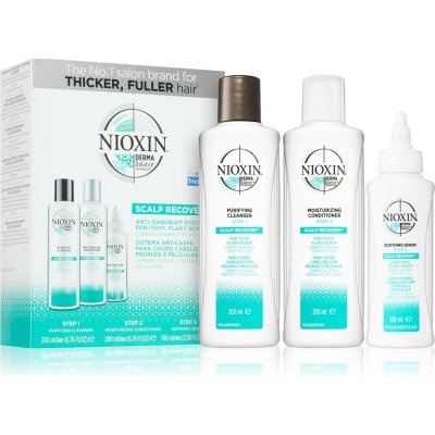 Nioxin Scalp Recovery šampón pre rednúce vlasy bez objemu proti lupinám 200 ml + hydratačný kondicionér proti suchým lupinám 200 ml + upokojujúce sérum pre citlivú a podráždenú vlasovú pokožku 100 ml