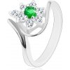 Šperky eshop - Trblietavý prsteň v striebornej farbe, tmavozelený kvietok s čírymi lupienkami G05.21 - Veľkosť: 56 mm