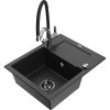 Mexen Enzo, granitový drez 576x465x174 mm, 1-komorový a drezová batéria Duo, čierna-strieborná metalíza, 6506-73-671701-07-B
