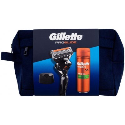 Gillette Proglide holiaci strojček + náhradná hlavica + Fusion Senitive gel 200 ml + stojan na strojček + kozmetická taška darčeková sada