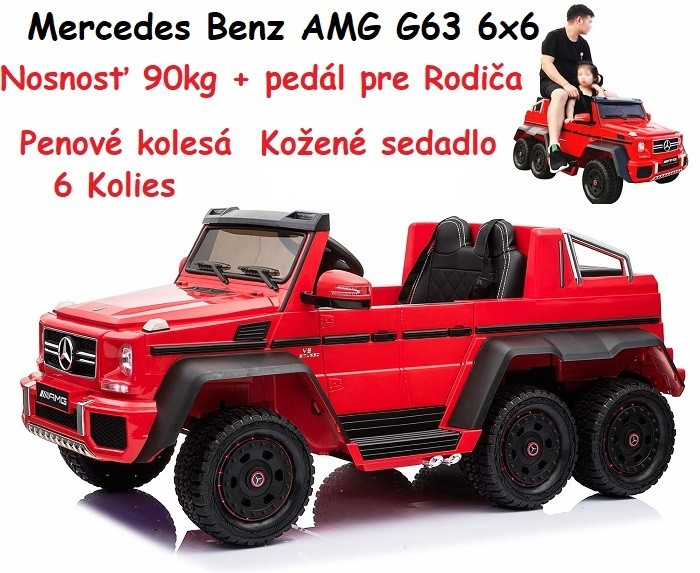 JOKO Elektrické autíčko Mercedes Benz AMG G63 6x6 nosnosť 110kg pedál pre rodiča MP4 farebný displej penové kolesá kožené sedadlo červené