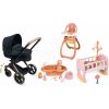 Set kočík trojkombinácia pre bábiku v jedálni Cybex Black 3in1 Pram Corolle s jedálenskou stoličkou vaničkou a kolískou