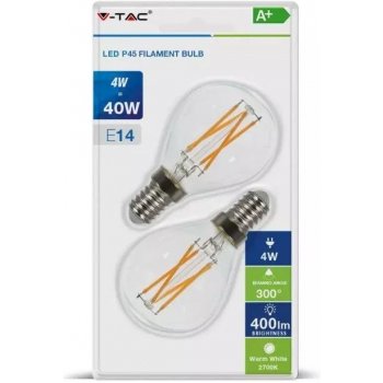 V-TAC žiarovka LED Filament E14, 4W, 400lm, P45, 2700K/2-PACK!