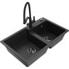 Mexen Tomas, 2-komorový granitový drez 800x500x190 mm a kuchynská batéria Duo, čierna-strieborná metalíza, 6516-73-671701-70-B