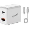 GENIUS nabíjecí set PD-20ACP, 20W, rychlé nabíjení, USB-C PD3.0, USB-A QC3.0, 1m kabel USB-C USB-C, bílá