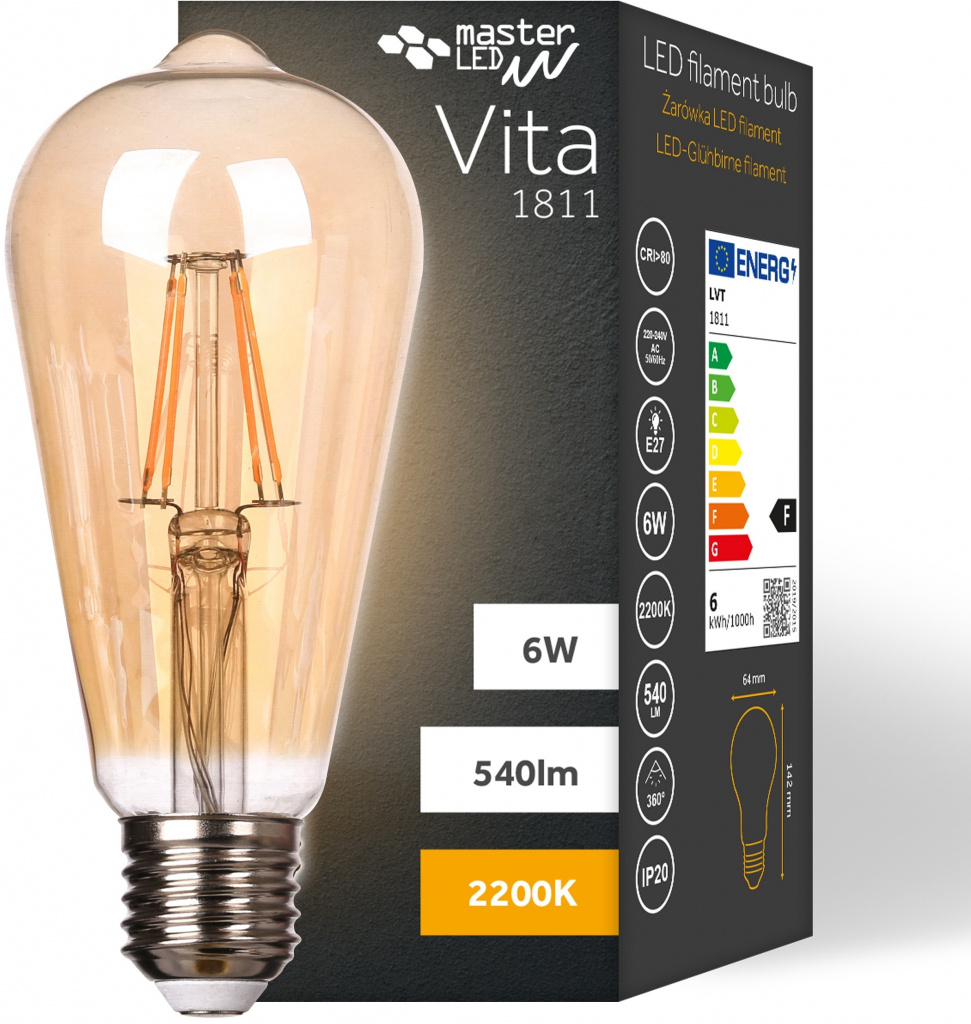 LVT Dekoračná LED žiarovka E27 6W 2200K ST64 filament jantár PL1811