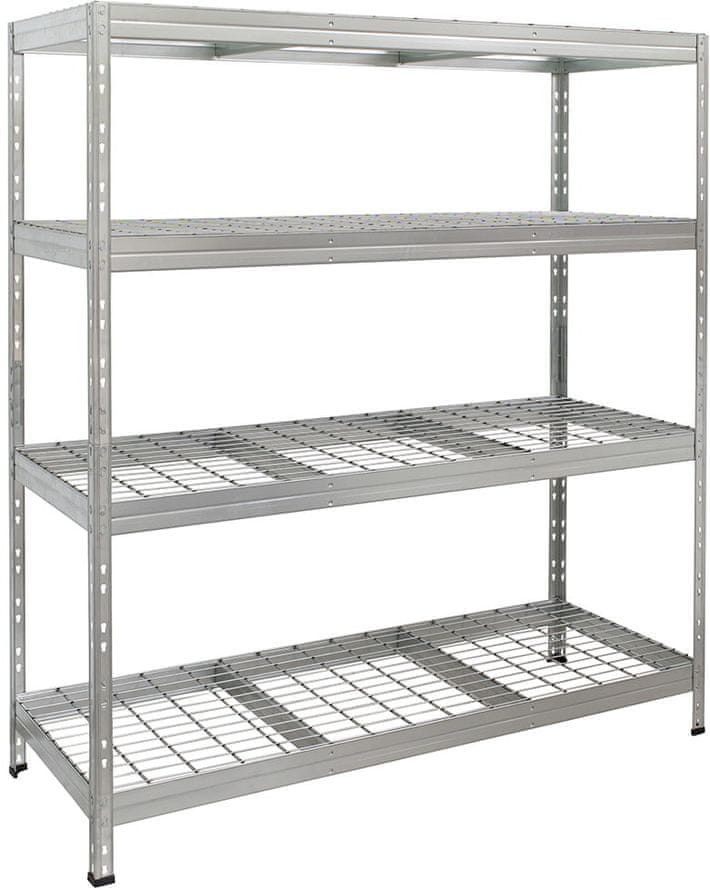 Majster Regál RIVET bezskrutkový kovový regál so sieťovou drôtenou policou, 180x90x45 cm, 5 políc, 250kg na policu, zinok
