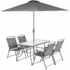 Saska Garden Záhradný nábytkový set: stôl, 4 stoličky a slnečník, sivý