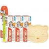 Elmex detský balíček 2 ks zubná pasta 50 ml zubná kefka 3-6 rokov + zubná pasta 12 ml + drevený tanierik