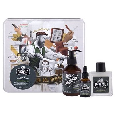 Proraso Cypress & Vetyver Beard Wash : šampon na vousy 200 ml + balzám na vousy 100 ml + olej na vousy 30 ml + plechová dóza